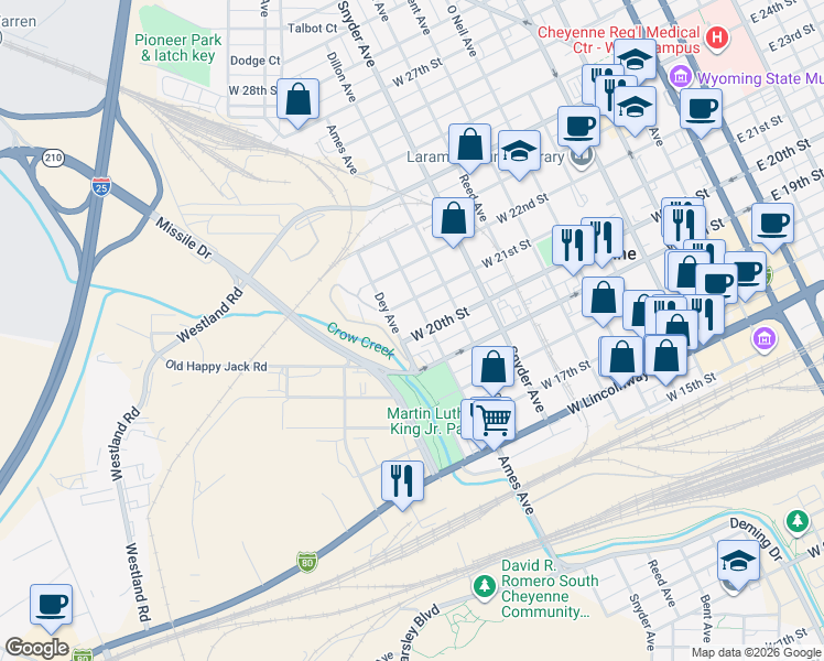 map of restaurants, bars, coffee shops, grocery stores, and more near 1123 West 21st Street in Cheyenne