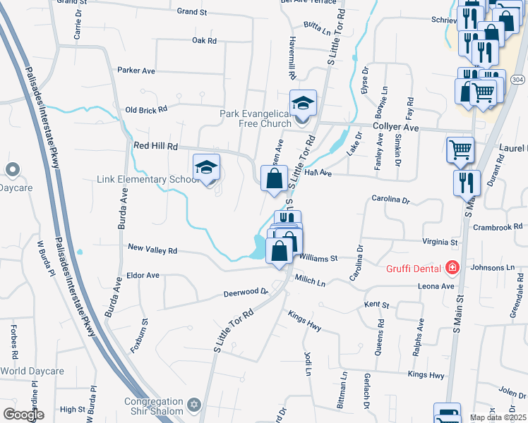 map of restaurants, bars, coffee shops, grocery stores, and more near 241 South Little Tor Road in New City