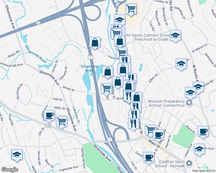 map of restaurants, bars, coffee shops, grocery stores, and more near 7 Muller Industrial Park in Norwalk