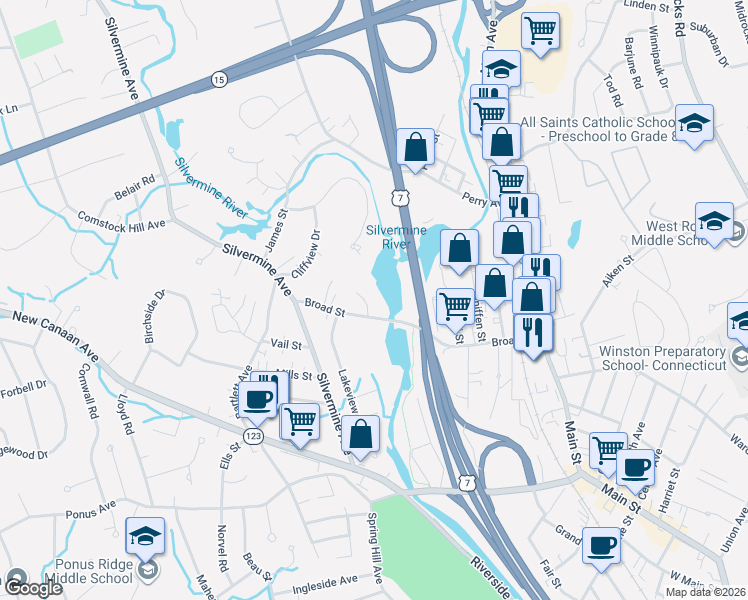 map of restaurants, bars, coffee shops, grocery stores, and more near 8 Mallard Road in Norwalk