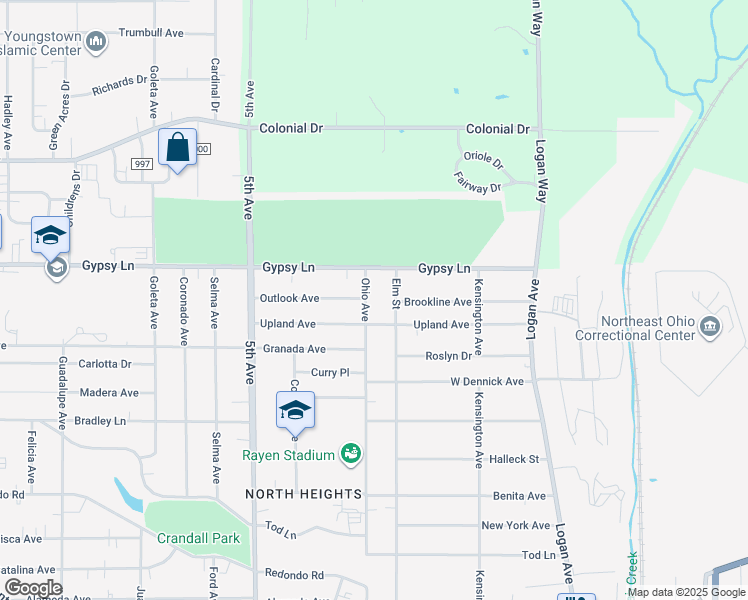 map of restaurants, bars, coffee shops, grocery stores, and more near 2540 Elm Street in Youngstown