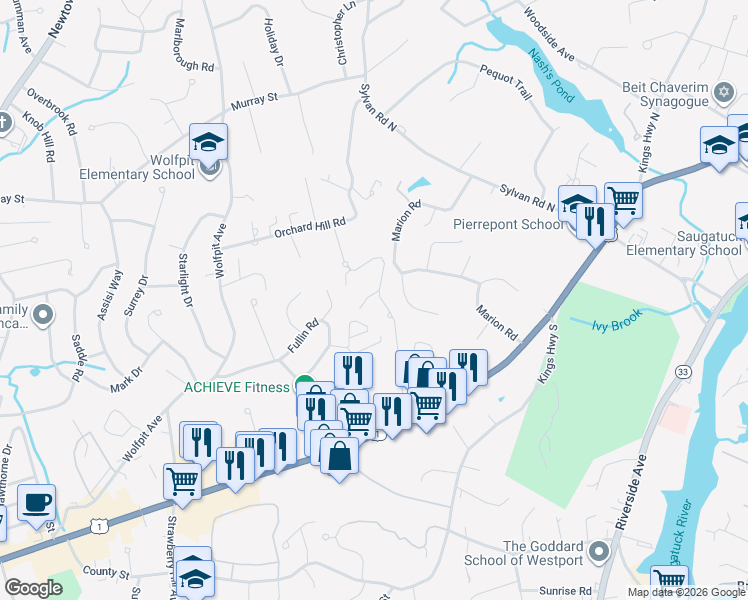 map of restaurants, bars, coffee shops, grocery stores, and more near 51 Hills Lane in Westport