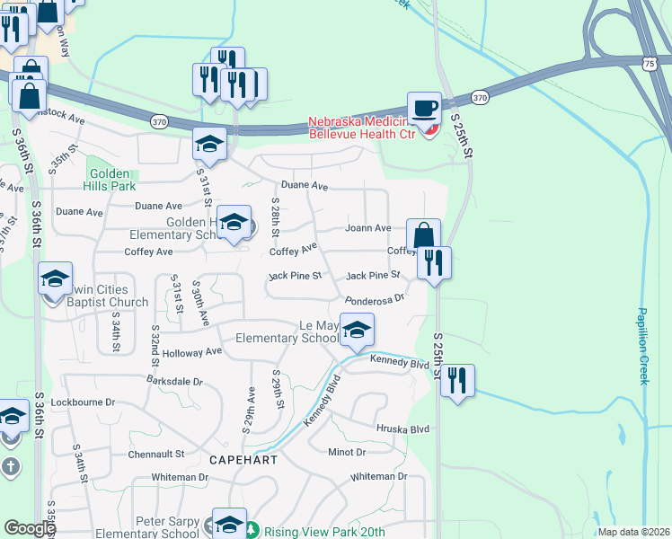 map of restaurants, bars, coffee shops, grocery stores, and more near 2705 Coffey Avenue in Bellevue