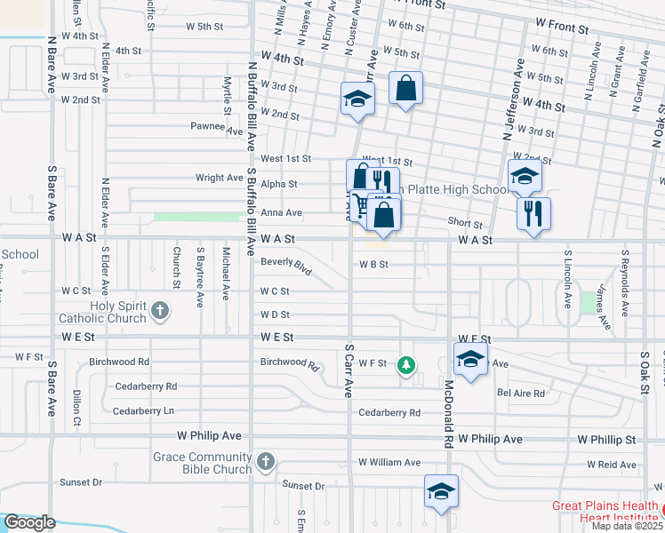map of restaurants, bars, coffee shops, grocery stores, and more near 116 South Erma Avenue in North Platte