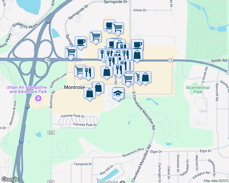 map of restaurants, bars, coffee shops, grocery stores, and more near 100 Brookmont Road in Akron