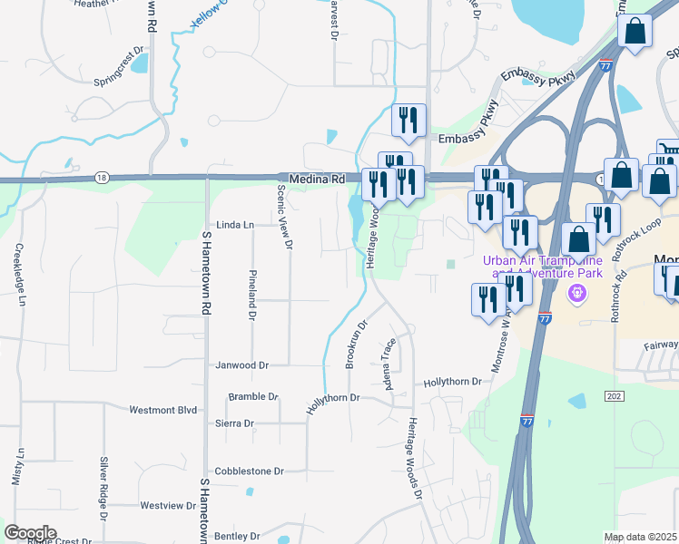 map of restaurants, bars, coffee shops, grocery stores, and more near 96 Lethbridge Circle in Akron