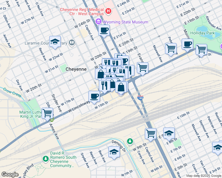 map of restaurants, bars, coffee shops, grocery stores, and more near 1518 Capitol Avenue in Cheyenne