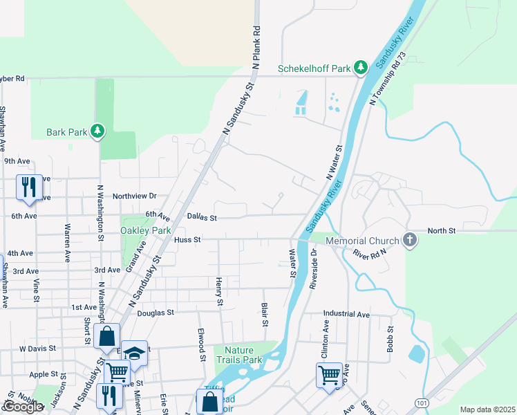 map of restaurants, bars, coffee shops, grocery stores, and more near 145 Dallas Street in Tiffin
