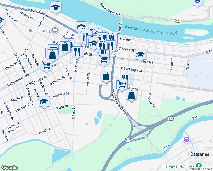 map of restaurants, bars, coffee shops, grocery stores, and more near 120 E Walnut St in Lock Haven