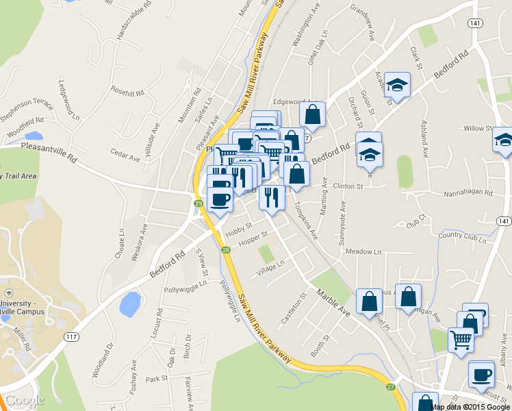 map of restaurants, bars, coffee shops, grocery stores, and more near in Pleasantville