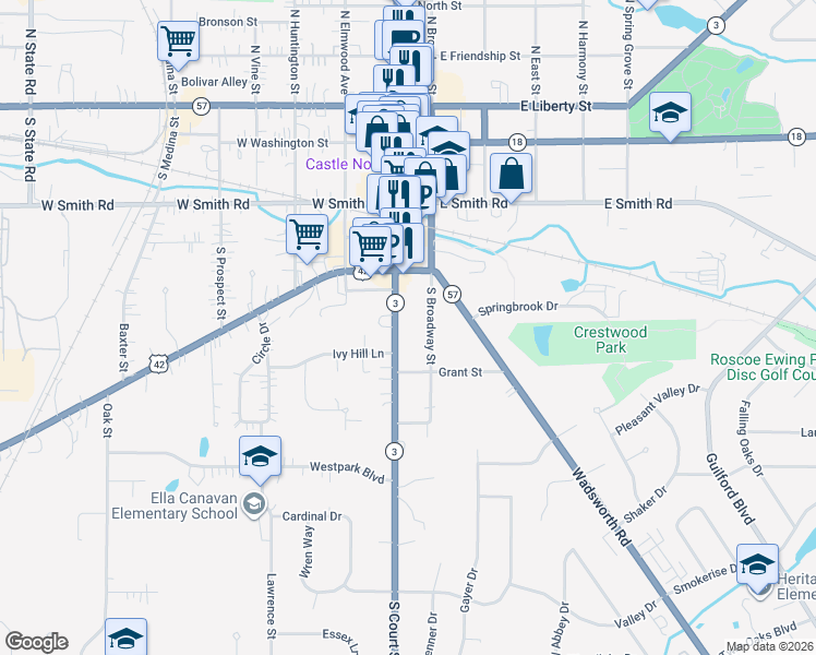 map of restaurants, bars, coffee shops, grocery stores, and more near 540 South Court Street in Medina