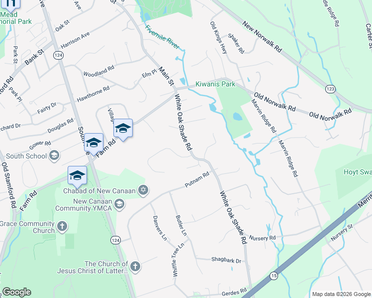 map of restaurants, bars, coffee shops, grocery stores, and more near 92 White Oak Shade Road in New Canaan