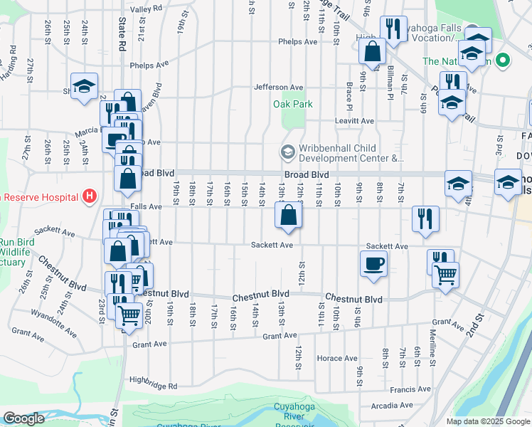 map of restaurants, bars, coffee shops, grocery stores, and more near 1319 Falls Avenue in Cuyahoga Falls