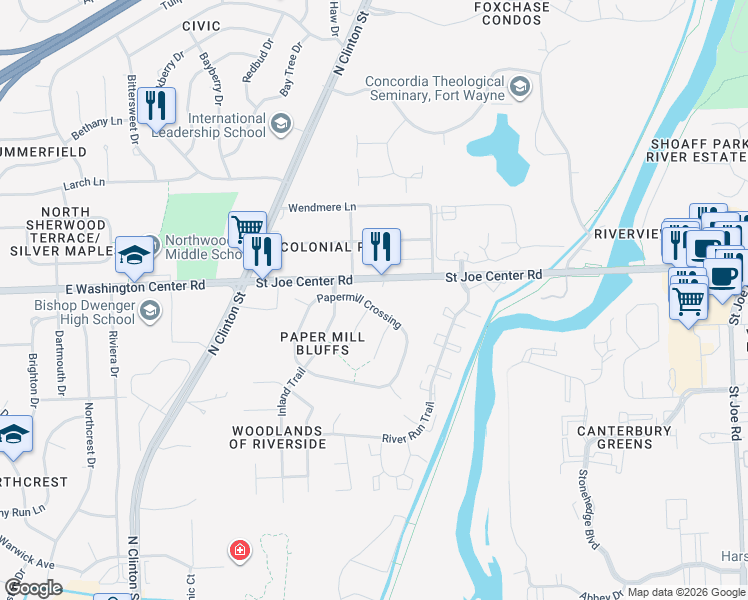 map of restaurants, bars, coffee shops, grocery stores, and more near 1823 Papermill Crossing in Fort Wayne