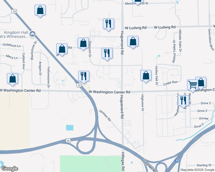 map of restaurants, bars, coffee shops, grocery stores, and more near 4004 West Washington Center Road in Fort Wayne