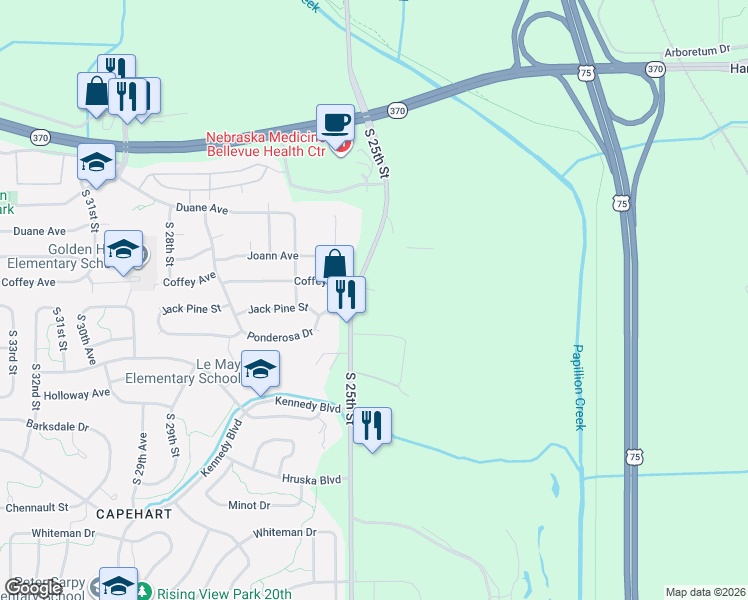 map of restaurants, bars, coffee shops, grocery stores, and more near 11837 South 25th Street in Bellevue