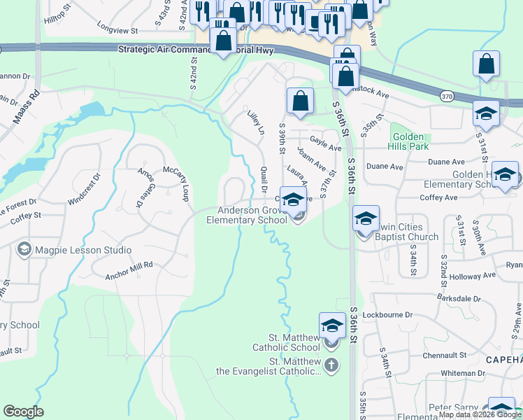 map of restaurants, bars, coffee shops, grocery stores, and more near 11801 Quail Circle in Bellevue