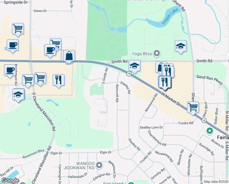 map of restaurants, bars, coffee shops, grocery stores, and more near 3488 Bancroft Road in Fairlawn