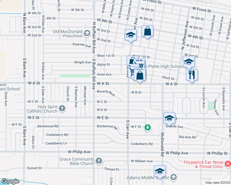 map of restaurants, bars, coffee shops, grocery stores, and more near 116 South Erma Avenue in North Platte