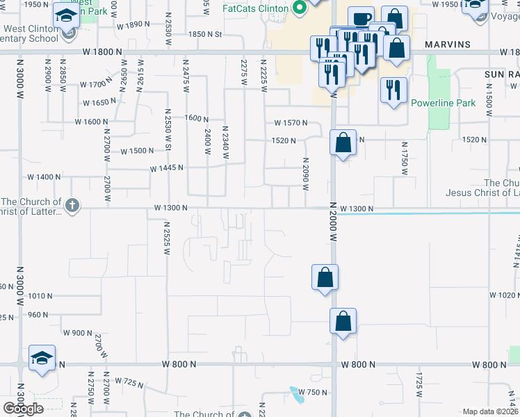 map of restaurants, bars, coffee shops, grocery stores, and more near 1348 North 2275 West in Clinton