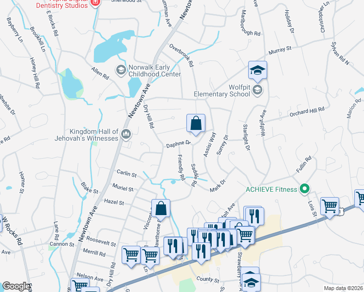 map of restaurants, bars, coffee shops, grocery stores, and more near 9 Daphne Drive in Norwalk