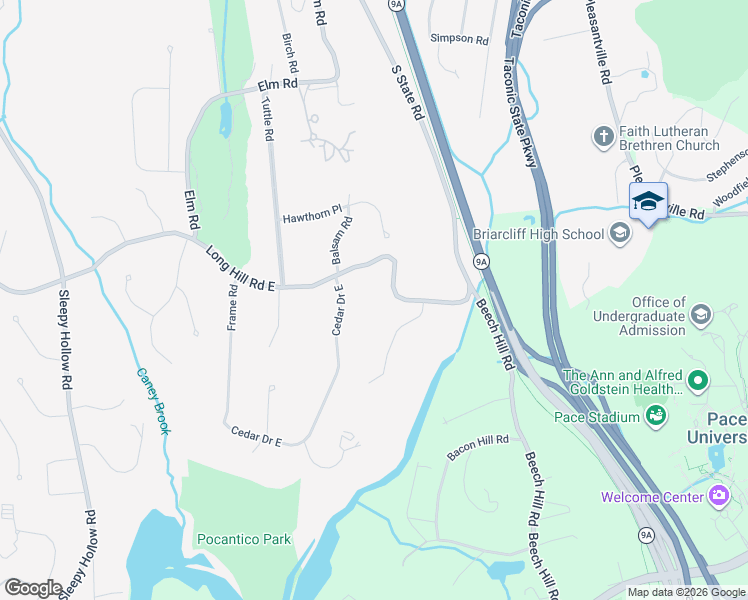 map of restaurants, bars, coffee shops, grocery stores, and more near 94 Long Hill Road East in Briarcliff Manor