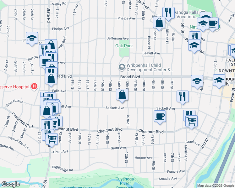 map of restaurants, bars, coffee shops, grocery stores, and more near 1319 Falls Avenue in Cuyahoga Falls