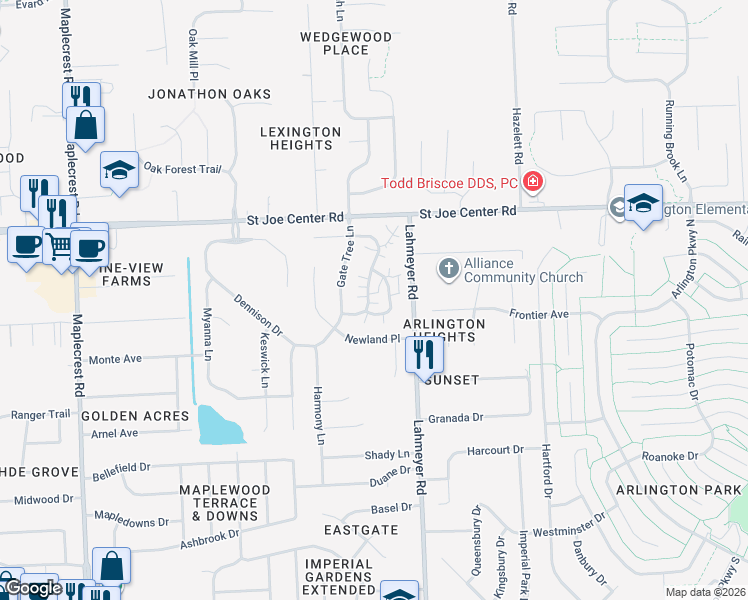 map of restaurants, bars, coffee shops, grocery stores, and more near 5521 Thornbriar Lane in Fort Wayne