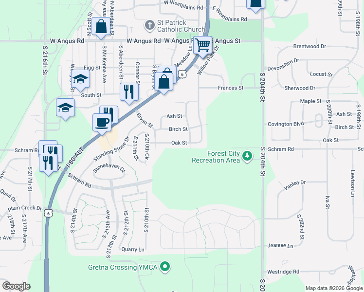 map of restaurants, bars, coffee shops, grocery stores, and more near 20914 Oak Street in Gretna