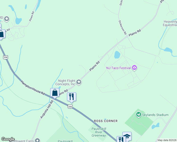 map of restaurants, bars, coffee shops, grocery stores, and more near 22 Plains Road in Frankford