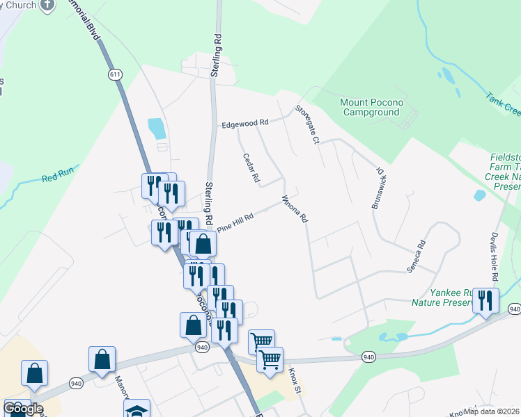 map of restaurants, bars, coffee shops, grocery stores, and more near 72 Pine Hill Rd in Mt Pocono