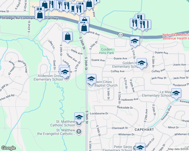 map of restaurants, bars, coffee shops, grocery stores, and more near 11725 South 36th Street in Bellevue