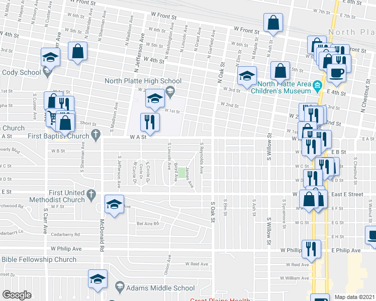 map of restaurants, bars, coffee shops, grocery stores, and more near 915 West B Street in North Platte