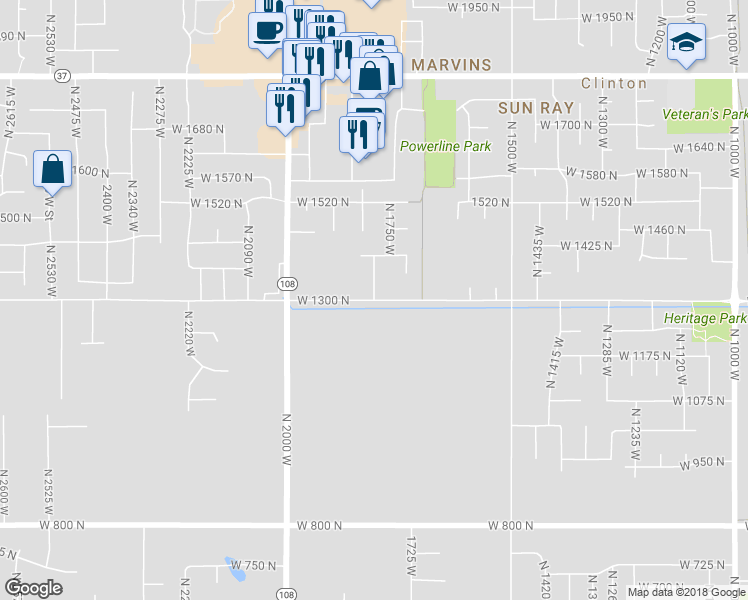 map of restaurants, bars, coffee shops, grocery stores, and more near 1301 North 1800 West in Clinton