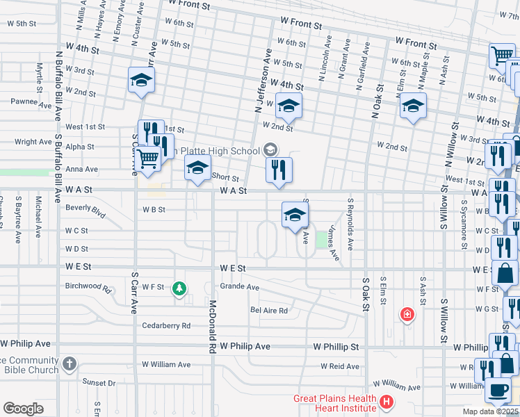 map of restaurants, bars, coffee shops, grocery stores, and more near 1309 West B Street in North Platte