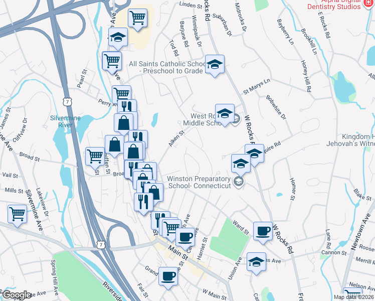 map of restaurants, bars, coffee shops, grocery stores, and more near 198 Sunrise Hill Road in Norwalk