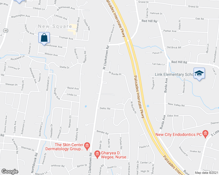 map of restaurants, bars, coffee shops, grocery stores, and more near 175 West Clarkstown Road in New City