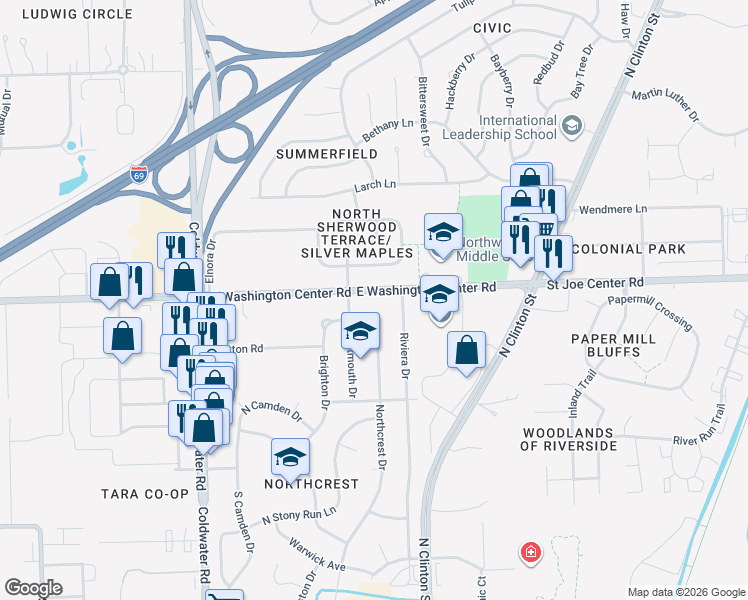 map of restaurants, bars, coffee shops, grocery stores, and more near 1013 East Washington Center Road in Fort Wayne