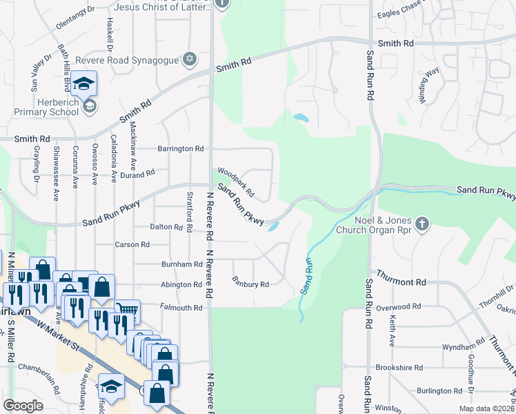 map of restaurants, bars, coffee shops, grocery stores, and more near 2254 Woodpark Road in Fairlawn
