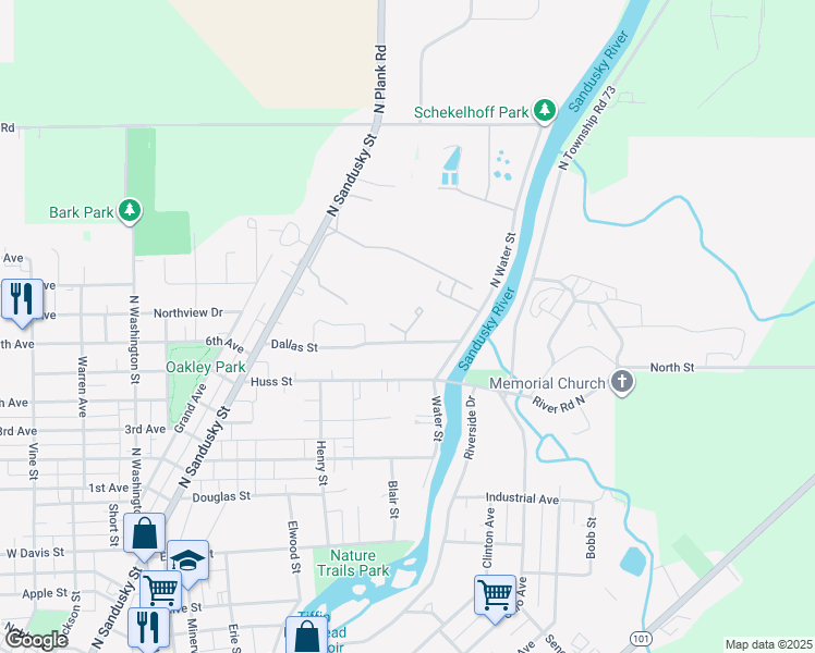 map of restaurants, bars, coffee shops, grocery stores, and more near 155 Dallas Street in Tiffin