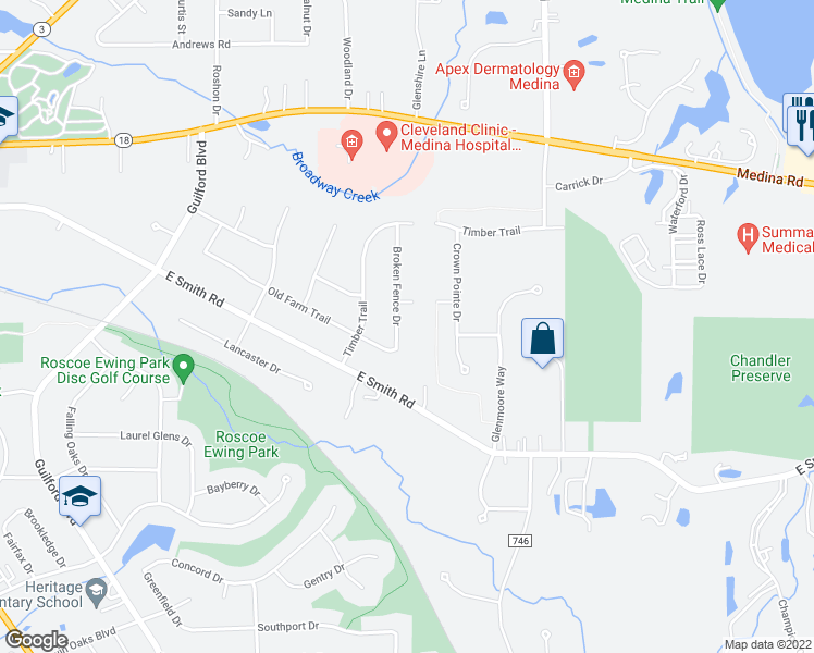 map of restaurants, bars, coffee shops, grocery stores, and more near 317 Broken Fence Drive in Medina