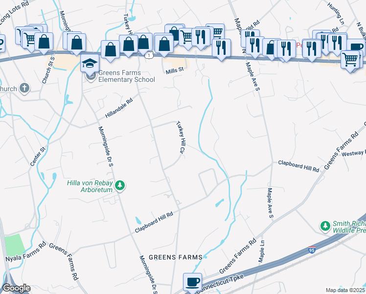 map of restaurants, bars, coffee shops, grocery stores, and more near 20 Turkey Hill Circle in Westport