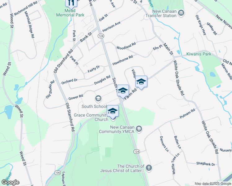 map of restaurants, bars, coffee shops, grocery stores, and more near 423 South Avenue in New Canaan