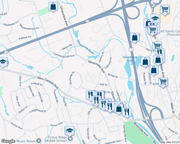 map of restaurants, bars, coffee shops, grocery stores, and more near 18 Hillwood Place in Norwalk