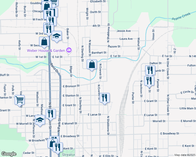 map of restaurants, bars, coffee shops, grocery stores, and more near 111 North Wasson Street in Streator