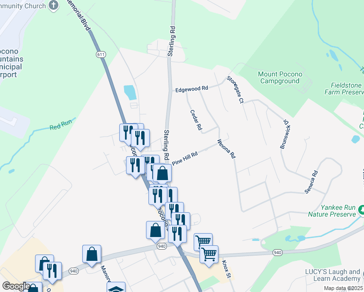 map of restaurants, bars, coffee shops, grocery stores, and more near 46 Pine Hill Road in Mount Pocono