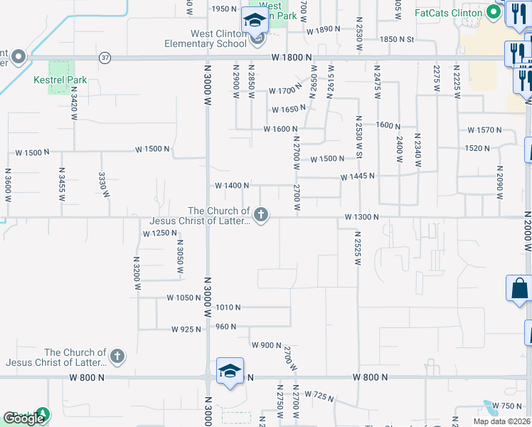 map of restaurants, bars, coffee shops, grocery stores, and more near 2796 West 1300 North in Clinton