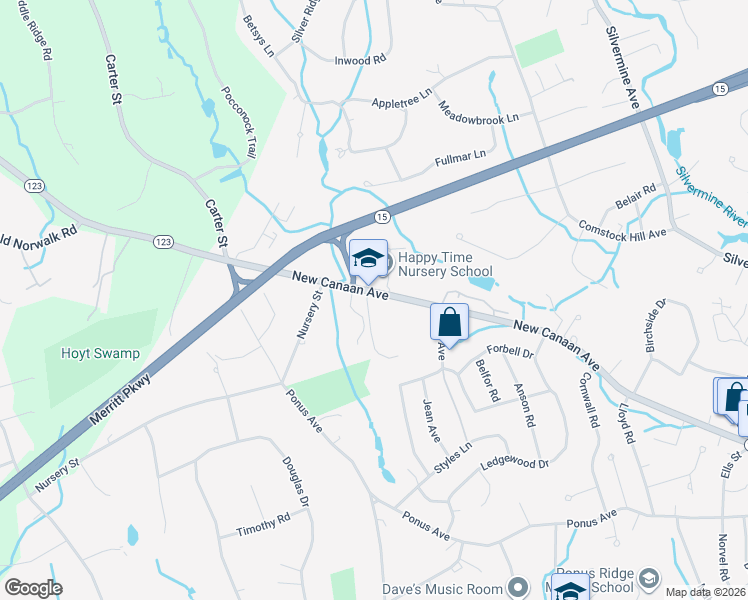 map of restaurants, bars, coffee shops, grocery stores, and more near 255 Connecticut 123 in Norwalk