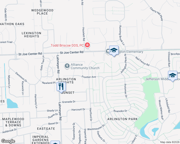 map of restaurants, bars, coffee shops, grocery stores, and more near 5527 Hartford Drive in Fort Wayne