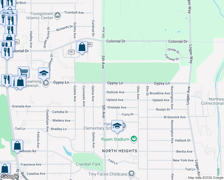 map of restaurants, bars, coffee shops, grocery stores, and more near 268 Outlook Avenue in Youngstown